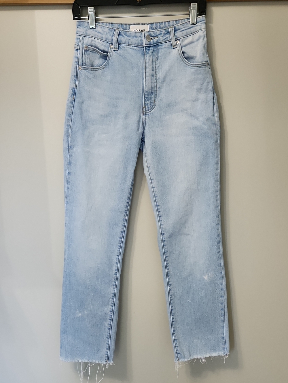Rollas High Rise Straight Jeans Raw Hem Comfort Sky Light Blue Wash Womens 27